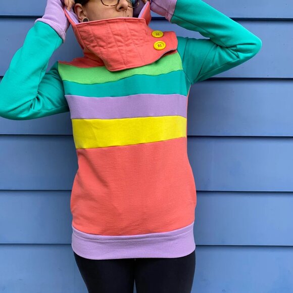 Radiant Rainbow Upcycled Hoodie w/ Pockets Sweatshirt One-Of-A-Kind MungoCrafts - Picture 3 of 8